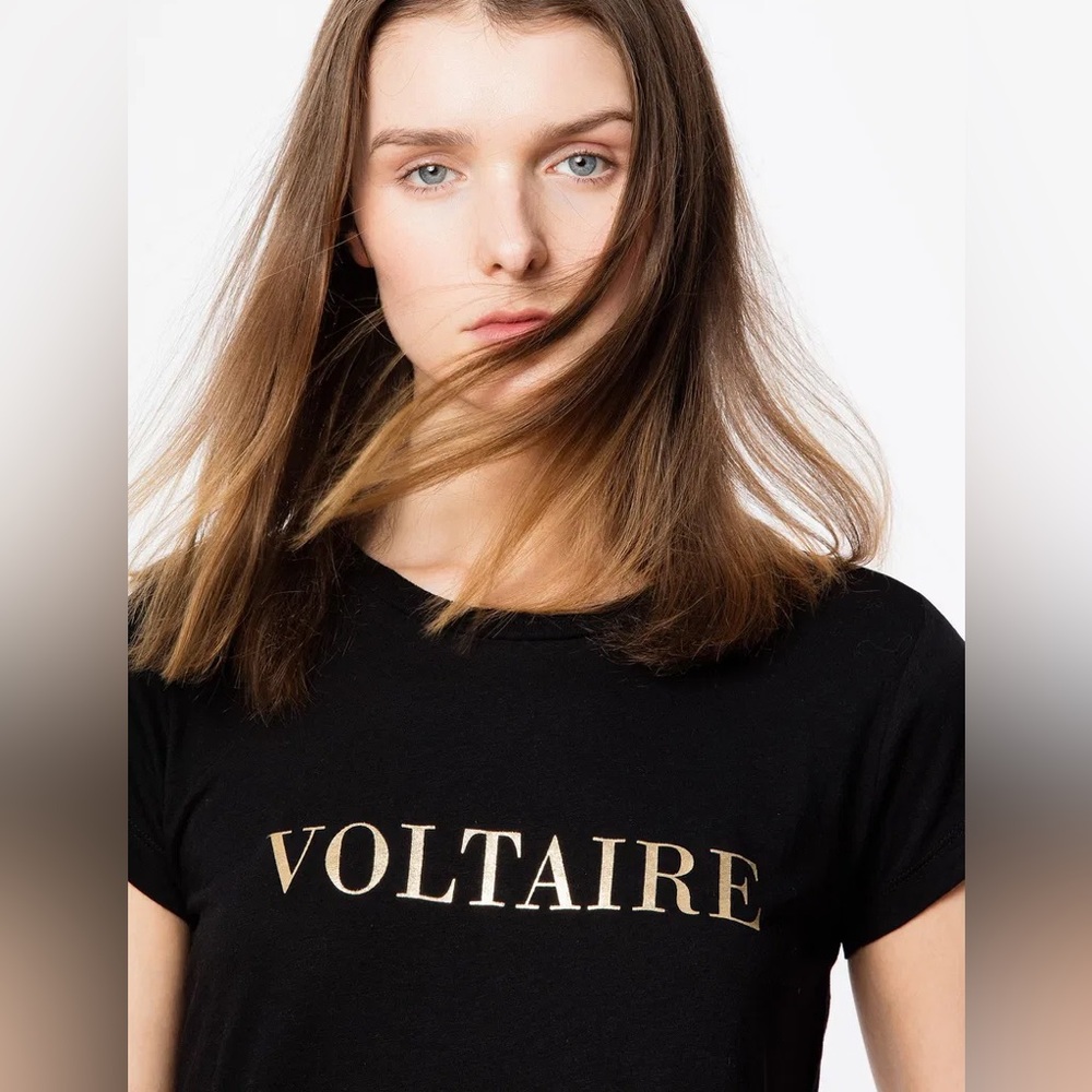 Zadig and Voltaire Skinny Logo Metallic TShirt Gold Black Short Sleeve SHTS1810F - Picture 2 of 13